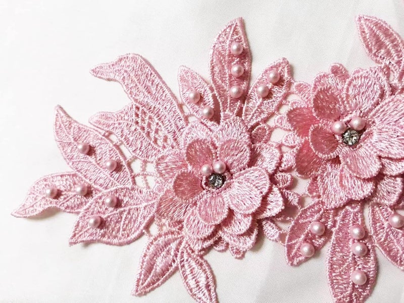 Ruinuo 3D Lace Beads Flower Applique Patches Sew on Patches Embroidery Appliques Rhinestone Sewing Wedding Dress Collar Decor Pink - Image 3